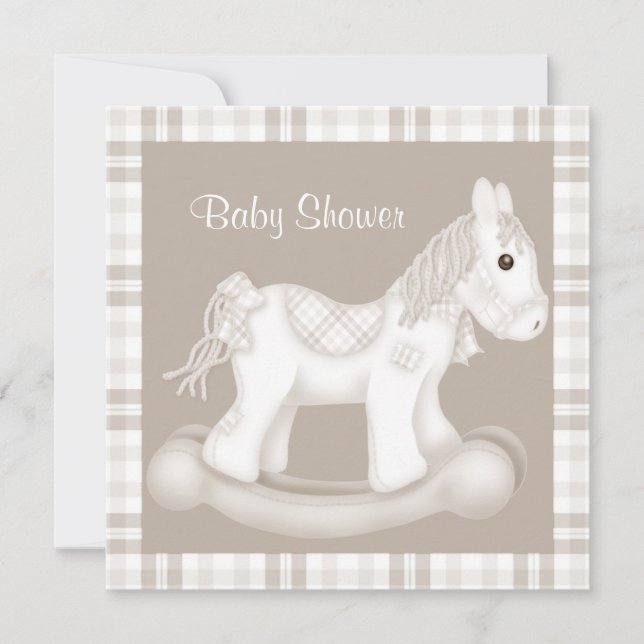 NEUTRAL KARO ROCKING HORSE BABY DUSCHE EINLADUNG (Vorderseite)