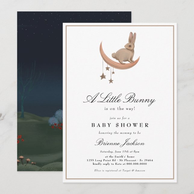 Neutral Little Bunny Moon Stars Babydusche Einladung (Vorne/Hinten)