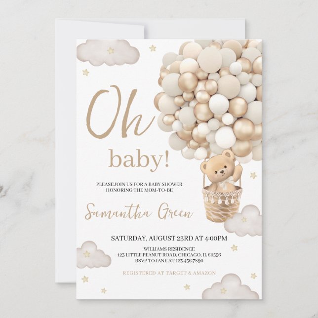 Neutral Oh Baby Bear Baby Dusche Einladung (Vorderseite)