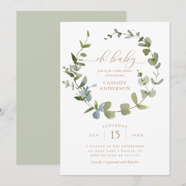 Neutral Oh Baby Eucalyptus Baby Shower Invi Einladung (Vorne/Hinten)