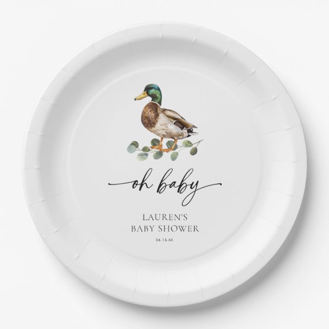 Neutral Oh Baby Mallard Duck Baby Shower Pappteller (Vorderseite)