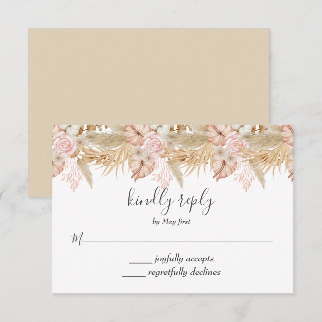 Neutral Palm and Pampas Flower Decor Wedding RSVP Karte (Vorne/Hinten)