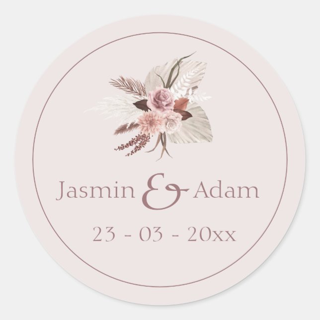 Neutral Pampas Floral Boho Wedding Runder Aufkleber (Vorderseite)