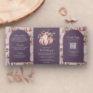 Neutral Pumpkin Floral QR Code Blasser Lila Hochze Dreifach Gefaltete Einladung