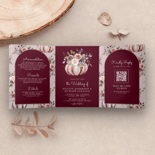 Neutral Pumpkin Floral QR Code Burgundy Wedding Dreifach Gefaltete Einladung