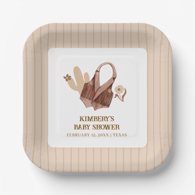 Neutral Rustic Boho Cactus Cowgirl Baby Shower Pappteller (Vorderseite)