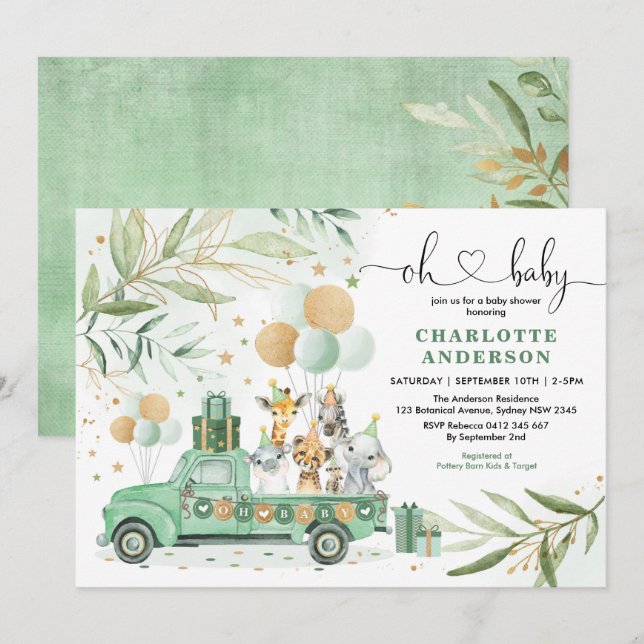 Neutral Safari Animals Greenerity Gold Baby Dusche Einladung (Vorne/Hinten)