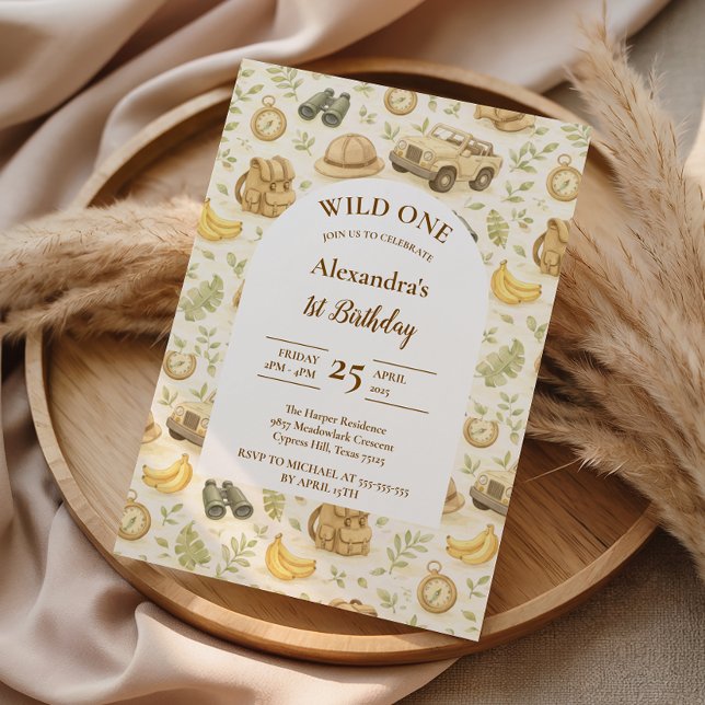 Neutral Safari Animals Wild One First Birthday Einladung (Von Creator hochgeladen)