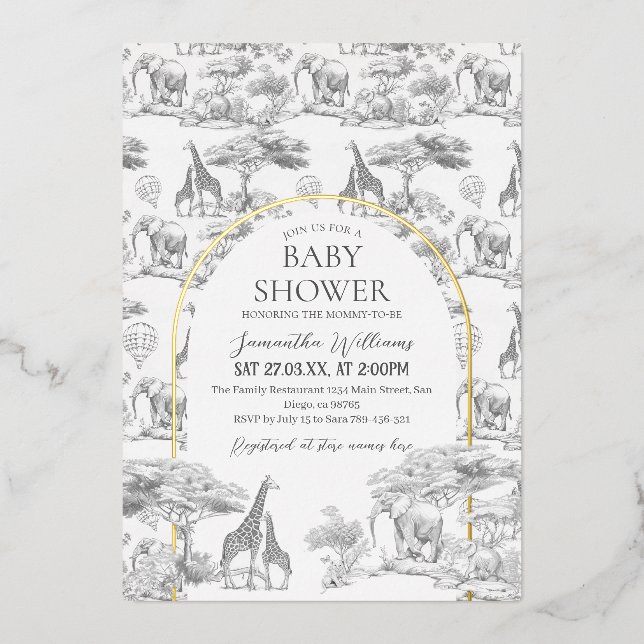 Neutral Safari Tier Elegant Toile Baby Dusche Folieneinladung (Vorderseite)