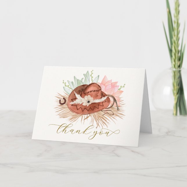 Neutral Simple Boho Cactus Cowboy Hat Baby Shower Dankeskarte (Vorderseite)