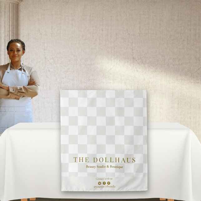 Neutral Tan Checkered Business Name Table Runner Wandteppich (Von Creator hochgeladen)