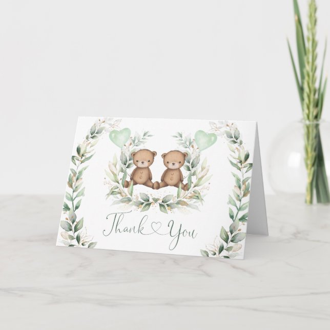 Neutral Teddy Bär Twins Sage Greenery Balloons Karte (Vorderseite)