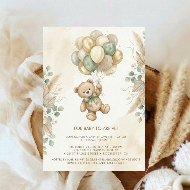 Neutral Teddy Bear Baby Shower flower Green Einladung (Von Creator hochgeladen)