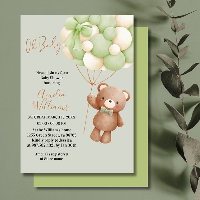 Neutral Teddy Bear Oh Baby Green Balloon Baby Einladung (Von Creator hochgeladen)