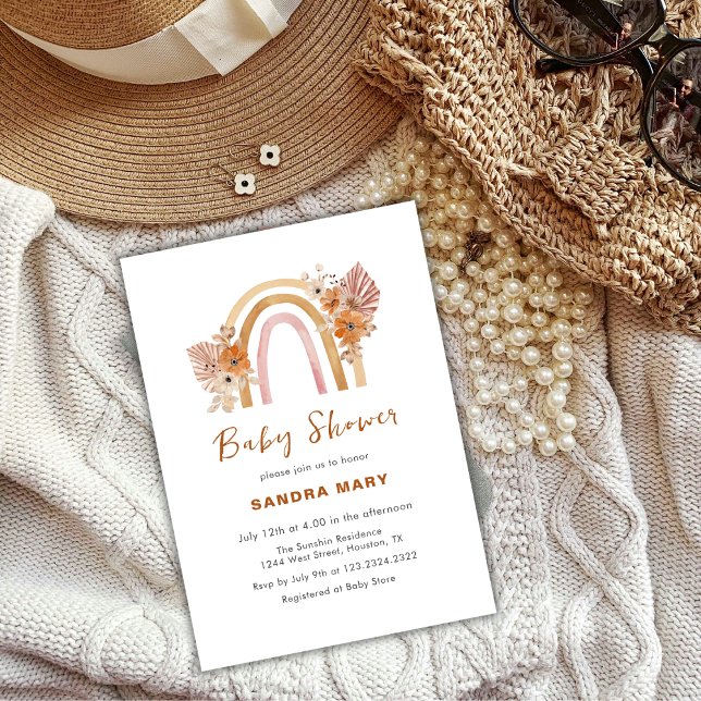 Neutral Terracotta Boho Rainbow Floral Baby Shower Einladung (Neutral Terracotta Boho Rainbow Floral Baby Shower Invitation)