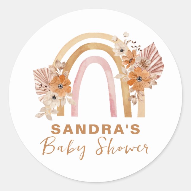 Neutral Terracotta Boho Rainbow Floral Baby Shower Runder Aufkleber (Vorderseite)