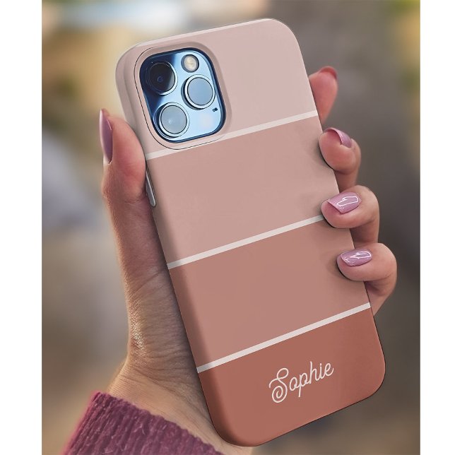 Neutral Terracotta | Ombre Stripes with Script Case-Mate iPhone Hülle (A trendy striped neutral and terracotta phone case with your family name in script)