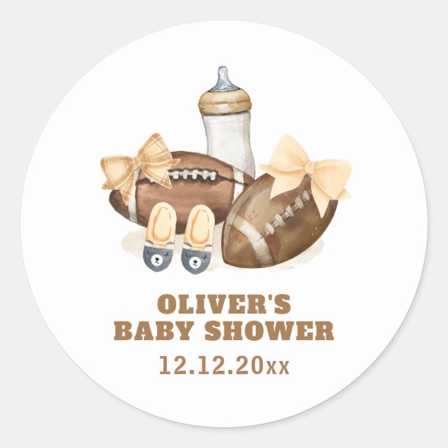 Neutral Touchdown Football Boy Baby Shower Runder Aufkleber (Vorderseite)