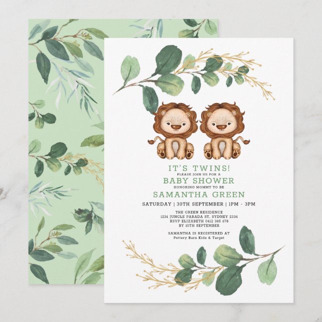 Neutral Twin Lion Greenery Gold Jungle Baby Shower Einladung (Vorne/Hinten)