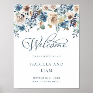 Neutral und Blau Blume Hochzeitsbegrüßung Poster