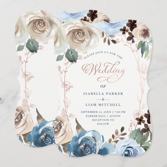 Neutral und blau | Imitats Rose Gold Wedding Einladung (Vorne/Hinten)
