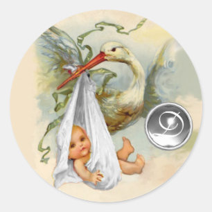 NEUTRAL WEISSSTORK BABY SHOWER GEMSTONE MONOGRAM RUNDER AUFKLEBER