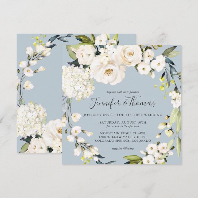 Neutral White Floral Dusty Blue Square Wedding Einladung (Vorne/Hinten)