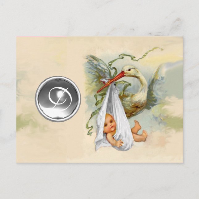 NEUTRAL WHITE STORK BABY DUSCHE GEMSTONE MONOGRAMM EINLADUNGSPOSTKARTE (Vorderseite)