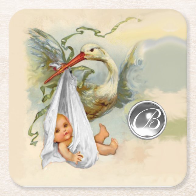 NEUTRAL WHITE STORK BABY DUSCHE GEMSTONE MONOGRAMM RECHTECKIGER PAPPUNTERSETZER (Vorderseite)