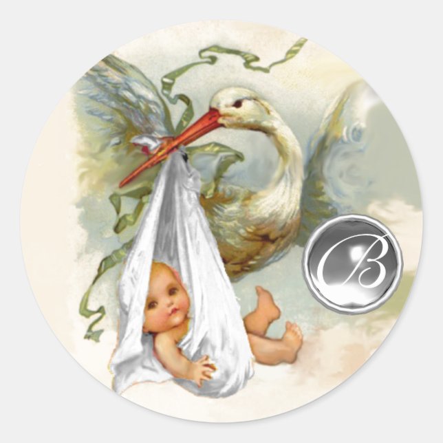 NEUTRAL WHITE STORK BABY DUSCHE GEMSTONE MONOGRAMM RUNDER AUFKLEBER (Vorderseite)