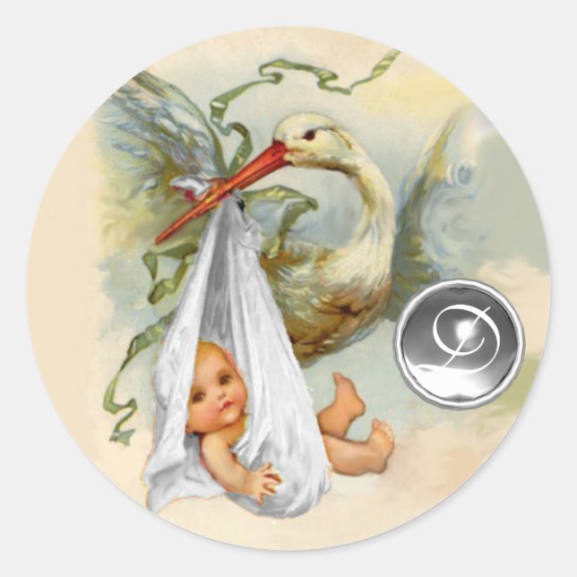 NEUTRAL WHITE STORK BABY DUSCHE GEMSTONE MONOGRAMM RUNDER AUFKLEBER (Vorderseite)
