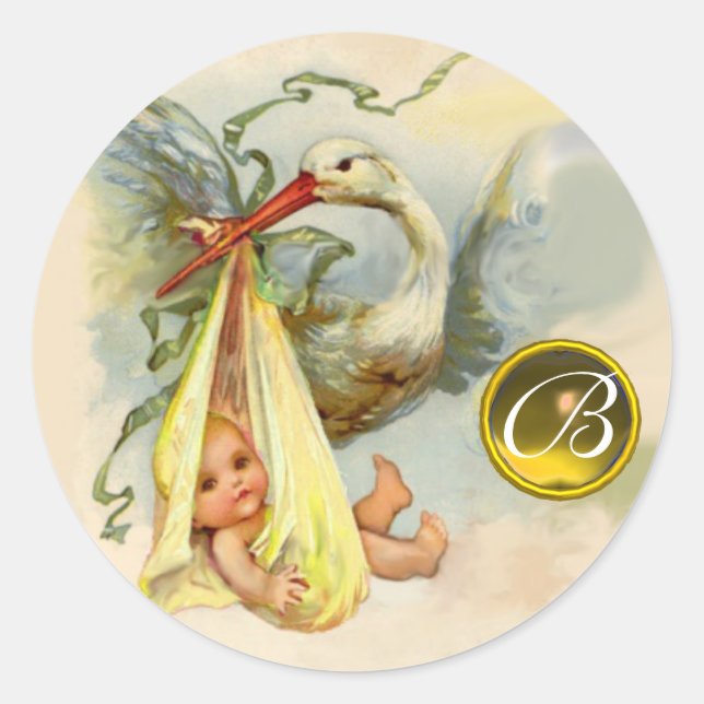 NEUTRAL YELLOW STORK BABY SHOWER GEMSTONE MONOGRAM RUNDER AUFKLEBER (Vorderseite)