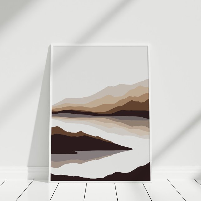 Neutrale Abstrakte Berg- und Binnenmauer Kunst Poster (Neutral Abstract Mountain and River Wall Art in white frame agianst white wall.)