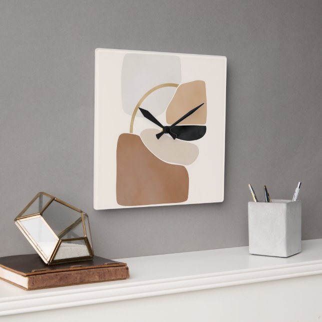 Neutrale Abstrakte Formen | Minimale moderne Kunst Quadratische Wanduhr (Büro)