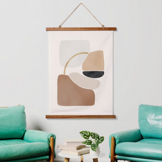 Neutrale Abstrakte Formen | Minimale moderne Kunst Wandteppich Mit Holzrahmen (Wohnzimmer)