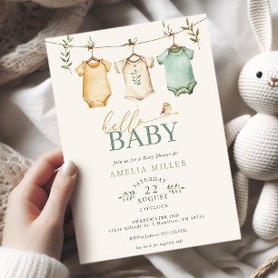 Neutrale Aquarell-Baby-Wäscheleine-Baby-Party Einladung