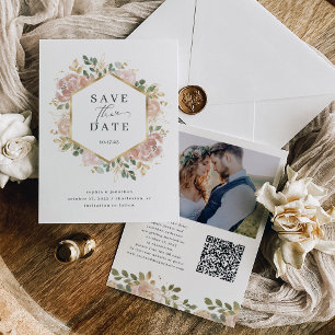 Neutrale Aquarell-Blumen mit QR-Code und Foto Save The Date