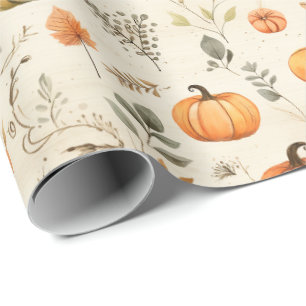 Neutrale Aquarell-Kürbisse und Herbstlaub-Zweige Geschenkpapier