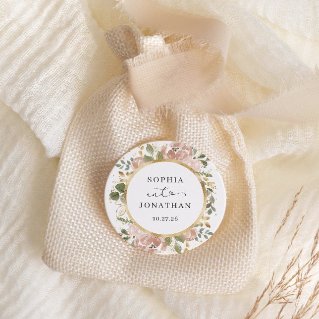 Neutrale Aquarellblüte und Gold | Hochzeit Runder Aufkleber (An elegant, neutral watercolor floral and gold sticker)