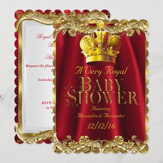 Neutrale Baby Dusche Royal Regal Red Gold Crown Einladung (Vorne/Hinten)