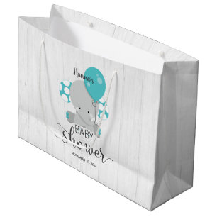 Neutrale Babydusche aus Holz und Aquamarinen Elefa Große Geschenktüte
