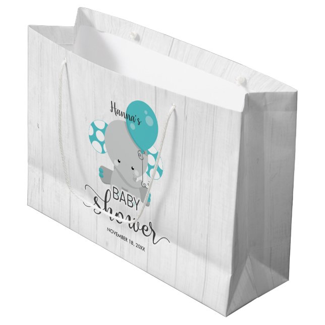 Neutrale Babydusche aus Holz und Aquamarinen Elefa Große Geschenktüte (Vorderseite Schrägansicht)