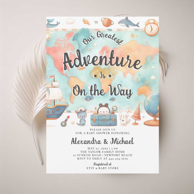 Neutrale Babydusche für beste Adventure Paare Einladung (adventure couples baby shower invitation cute world map watercolor coed gender neutral cute adorable)