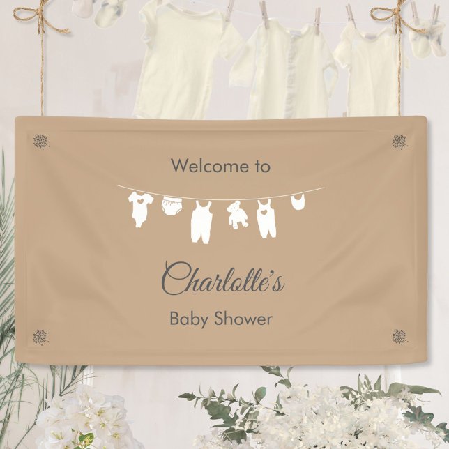 Neutrale Babydusche für Sand Minimalistisch Banner (Tan Baby Shower Welcome Sign with Clothesline ©Susanne Sachers - Sunny Mind 🌞)