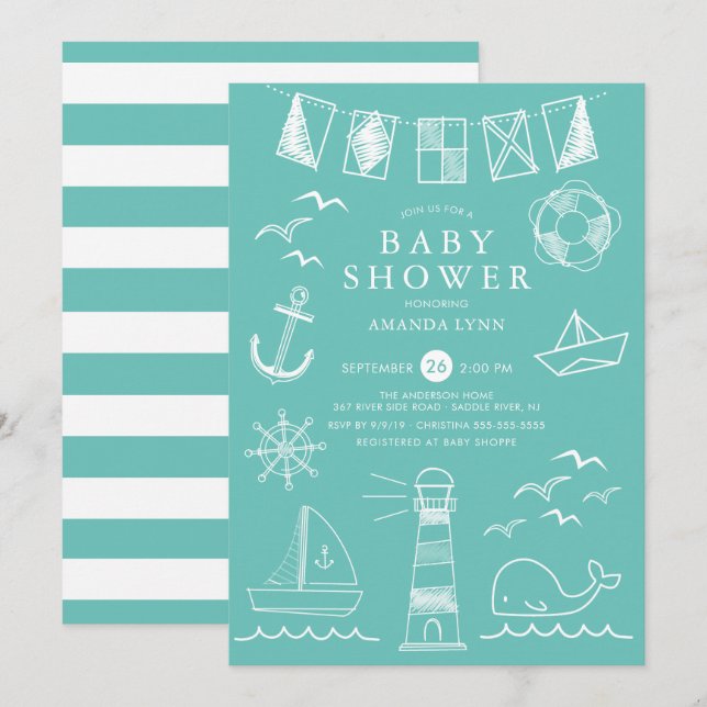 Neutrale Babydusche für Segelboote Einladung (Vorne/Hinten)