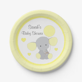 Neutrale Babydusche Gelb Graue Elefantensprinkle Pappteller