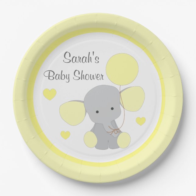 Neutrale Babydusche Gelb Graue Elefantensprinkle Pappteller (Vorderseite)