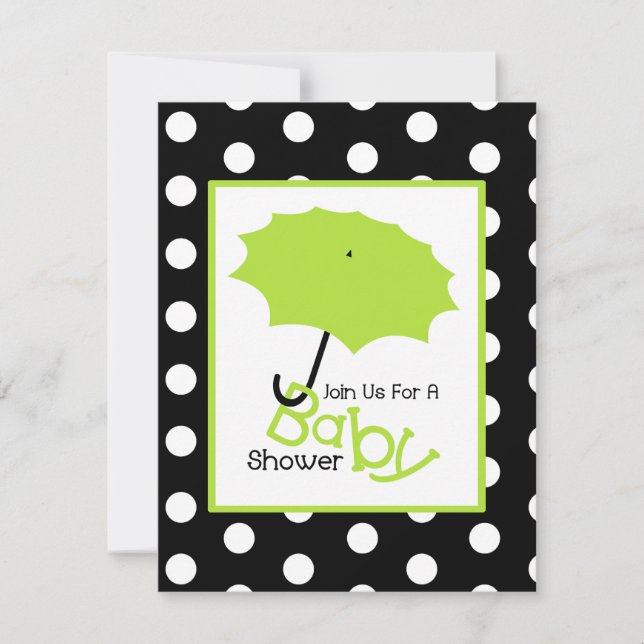 Neutrale Babydusche - Grüne Umbrella & Polka-Punkt Einladung (Vorderseite)