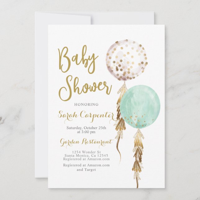 Neutrale Babydusche und Goldballons Einladung (Vorderseite)