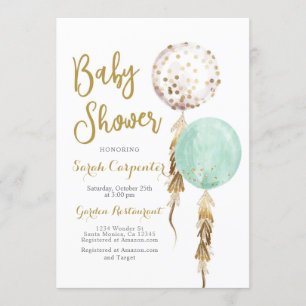 Neutrale Babydusche und Goldballons Einladung